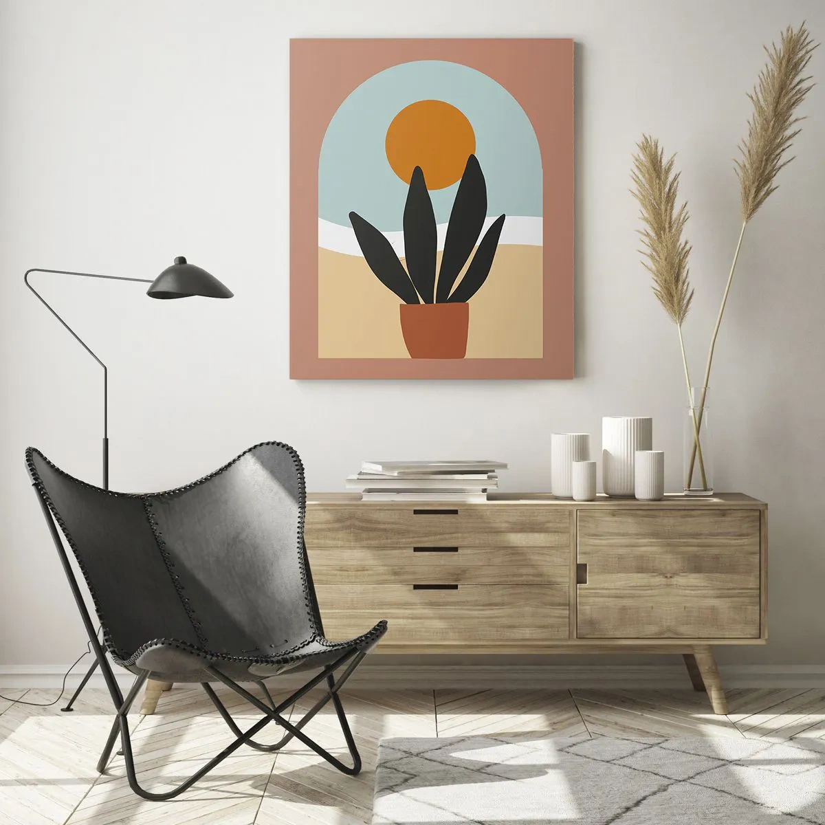 Obraz na szkle - Abstrakcyjna scena z rośliną w doniczce i słońcem w tle, w pastelowych kolorach - 50x70cm - Drobne radości - Nowoczesna dekoracja ścienna do salonu, kuchni i sypialni ARTTOR