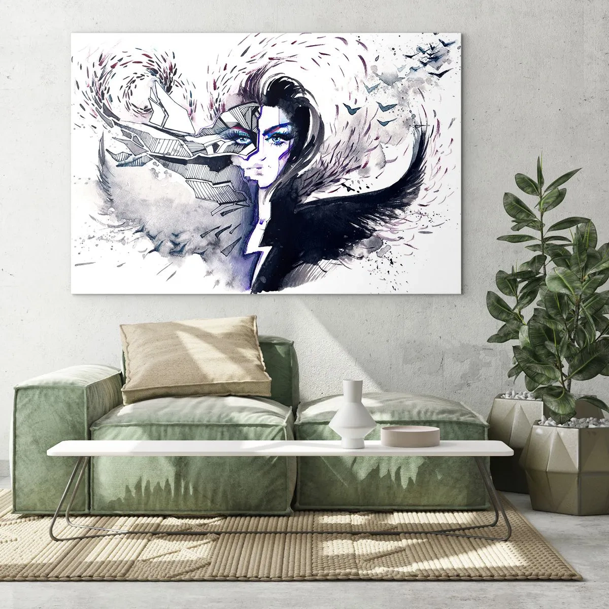Obraz na szkle - Abstrakcyjny portret z dynamicznymi elementami i czernią - 70x50cm - Demoniczna i piękna - Nowoczesna dekoracja ścienna do salonu i sypialni ARTTOR