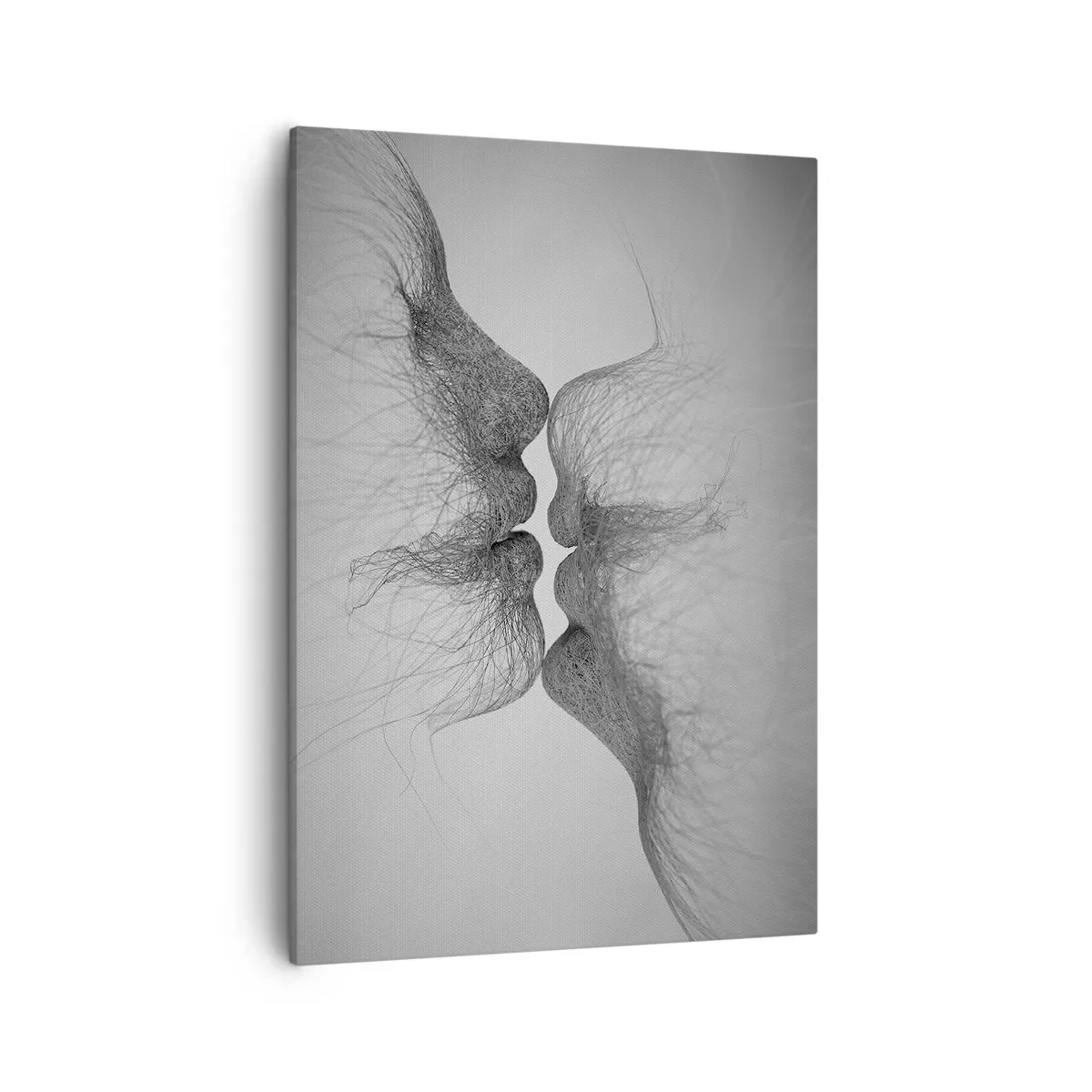 Obraz na płótnie - Abstrakcyjna kompozycja dwóch twarzy złożonych z delikatnych linii, zbliżających się do pocałunku - 50x70cm - Pocałunek wiatru - Nowoczesna dekoracja ścienna do salonu, kuchni i sypialni ARTTOR