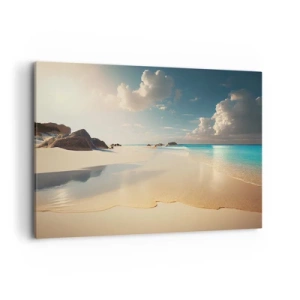 Obraz na płótnie - Słoneczna plaża z błękitnym morzem i skałami - 100x70cm - Wymarzony dzień - Nowoczesna dekoracja ścienna do salonu, kuchni i sypialni ARTTOR