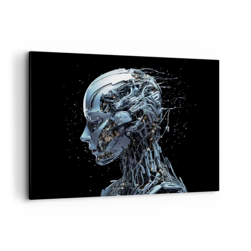 Obraz na płótnie - Futurystyczny portret cyborga w industrialnym stylu na czarnym tle - 100x70cm - Technologia jest kobietą - Nowoczesna dekoracja ścienna do salonu, kuchni i sypialni ARTTOR