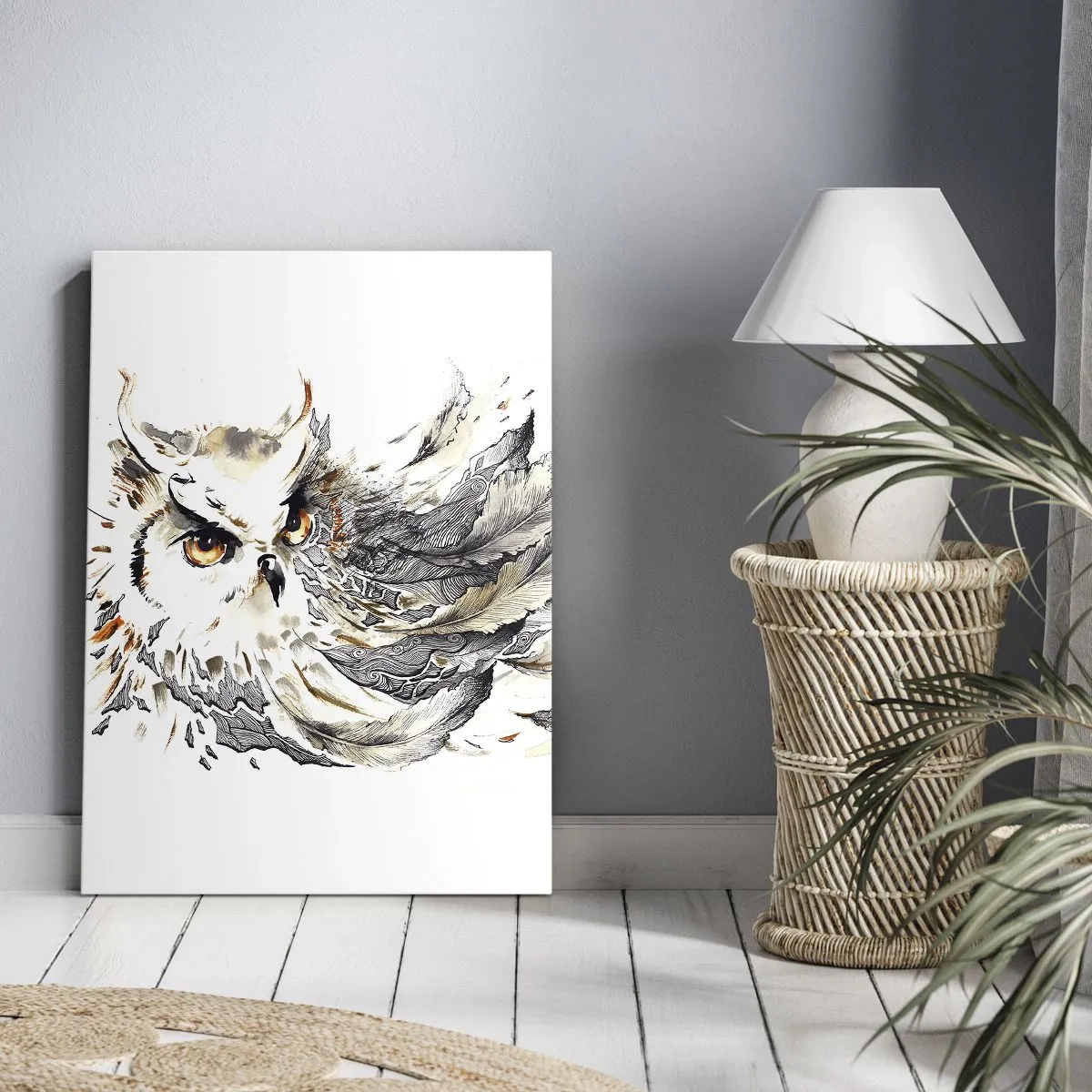 Obraz na płótnie - Sowa w locie z dynamicznymi piórami w artystycznej kompozycji - 50x70cm - Przybyła ze świata magii - Nowoczesna dekoracja ścienna do salonu, kuchni i sypialni ARTTOR