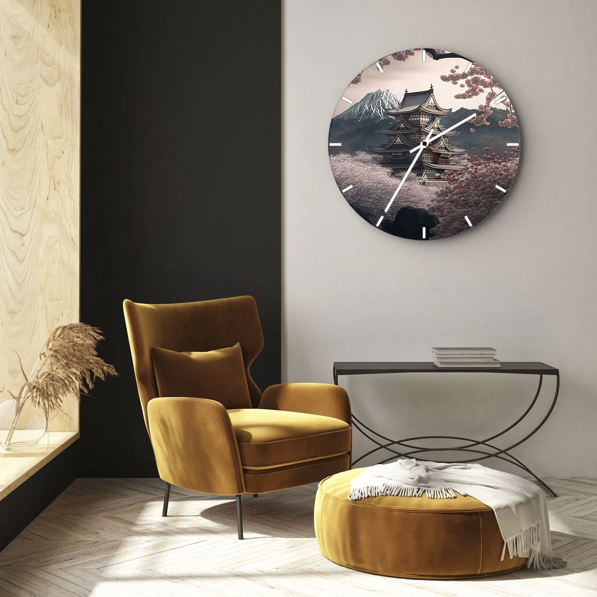 Zegar ścienny - Tradycyjna pagoda wśród kwitnących wiśni z górą w tle - 30x30cm - Kraj kwitnącej wiśni - Nowoczesna dekoracja ścienna do salonu, kuchni i sypialni ARTTOR