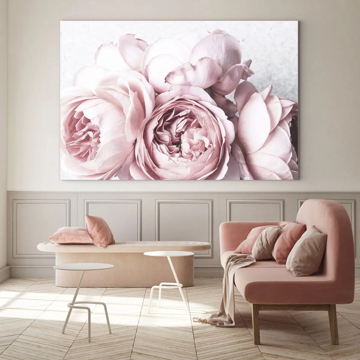 Obraz na szkle - Różowe kwiaty piwonii w delikatnym świetle z bliska - 70x50cm - Dla romantyków - Nowoczesna dekoracja ścienna do salonu i sypialni ARTTOR