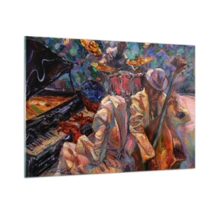 Obraz na szkle - Kolorowa scena jazzowa z muzykami i instrumentami - 100x70cm - W jednym rytmie - Nowoczesna dekoracja ścienna do salonu, kuchni i sypialni ARTTOR