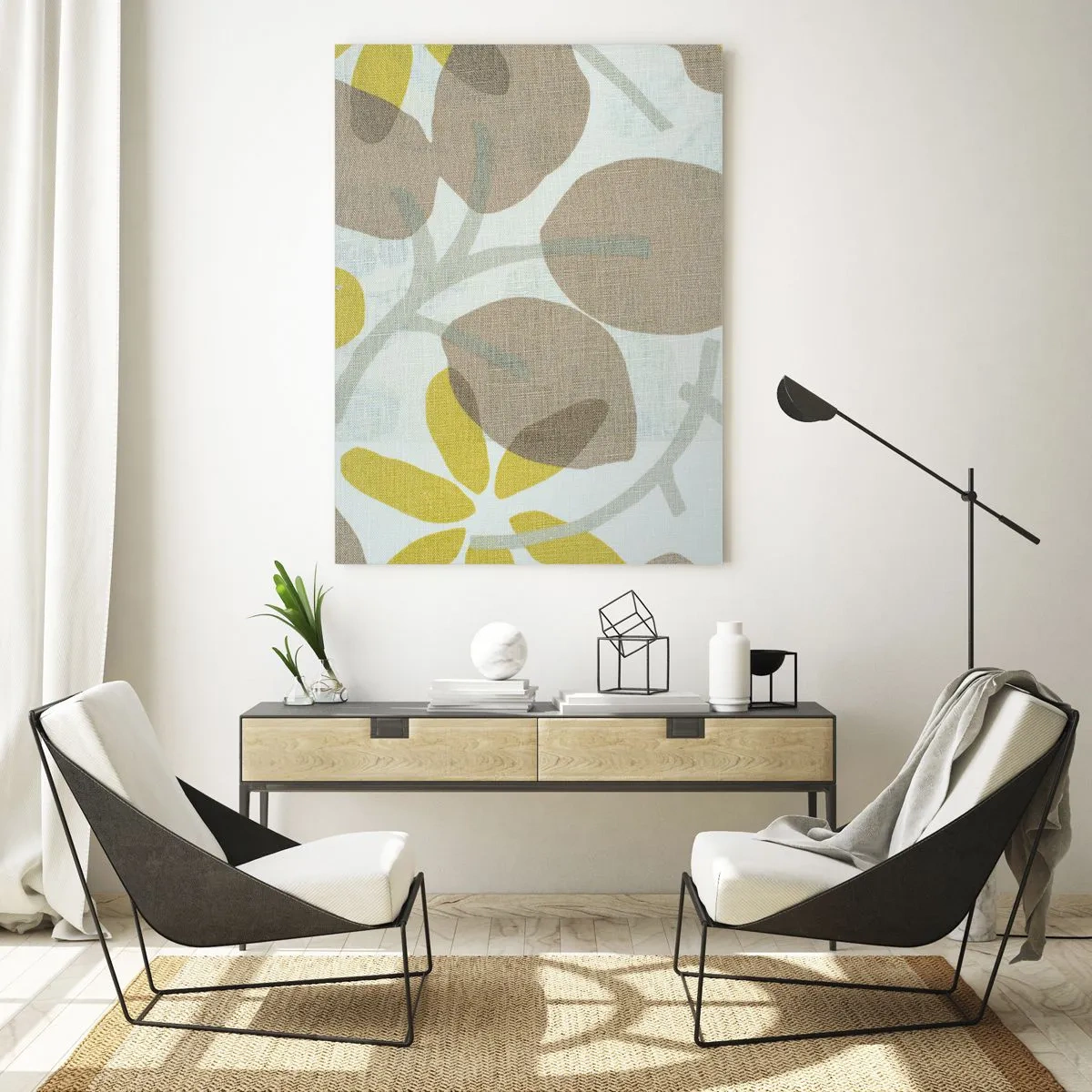 Obraz na szkle - Abstrakcyjne liście w odcieniach beżu i żółci - 70x100cm - Kompozycja w pełnym słońcu - Nowoczesna dekoracja ścienna do salonu i sypialni ARTTOR