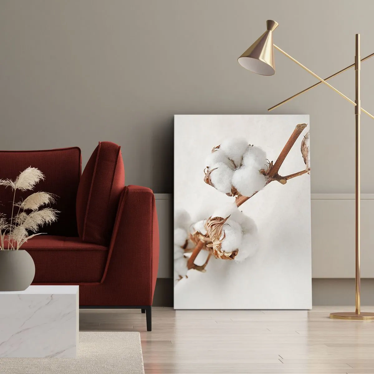 Obraz na płótnie - Gałązka bawełny na subtelnym tle - 70x100cm - Tylko tulić - Nowoczesna dekoracja ścienna do salonu i sypialni ARTTOR