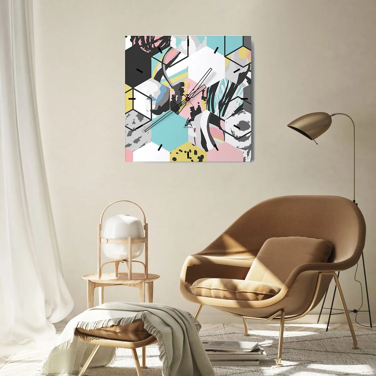 Zegar ścienny - Sześciokąty i sześciany w sześciu barwach - 30x30 cm