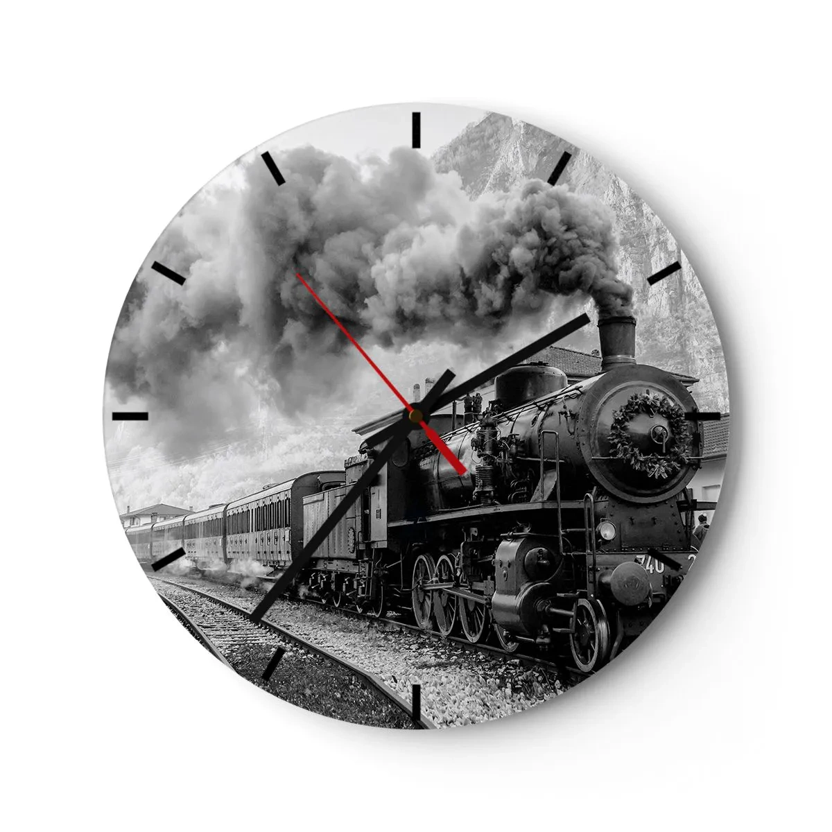 Zegar ścienny - Czarno-biała lokomotywa parowa z dymiącym kominem - 30x30cm - Stoi na stacji… - Nowoczesna dekoracja ścienna do salonu, kuchni i sypialni ARTTOR