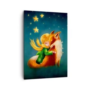 Obraz na płótnie - Postać chłopca przytulającego lisa na tle gwiaździstego nieba - 50x70cm - Mały Książę - Nowoczesna dekoracja ścienna do salonu, kuchni i sypialni ARTTOR