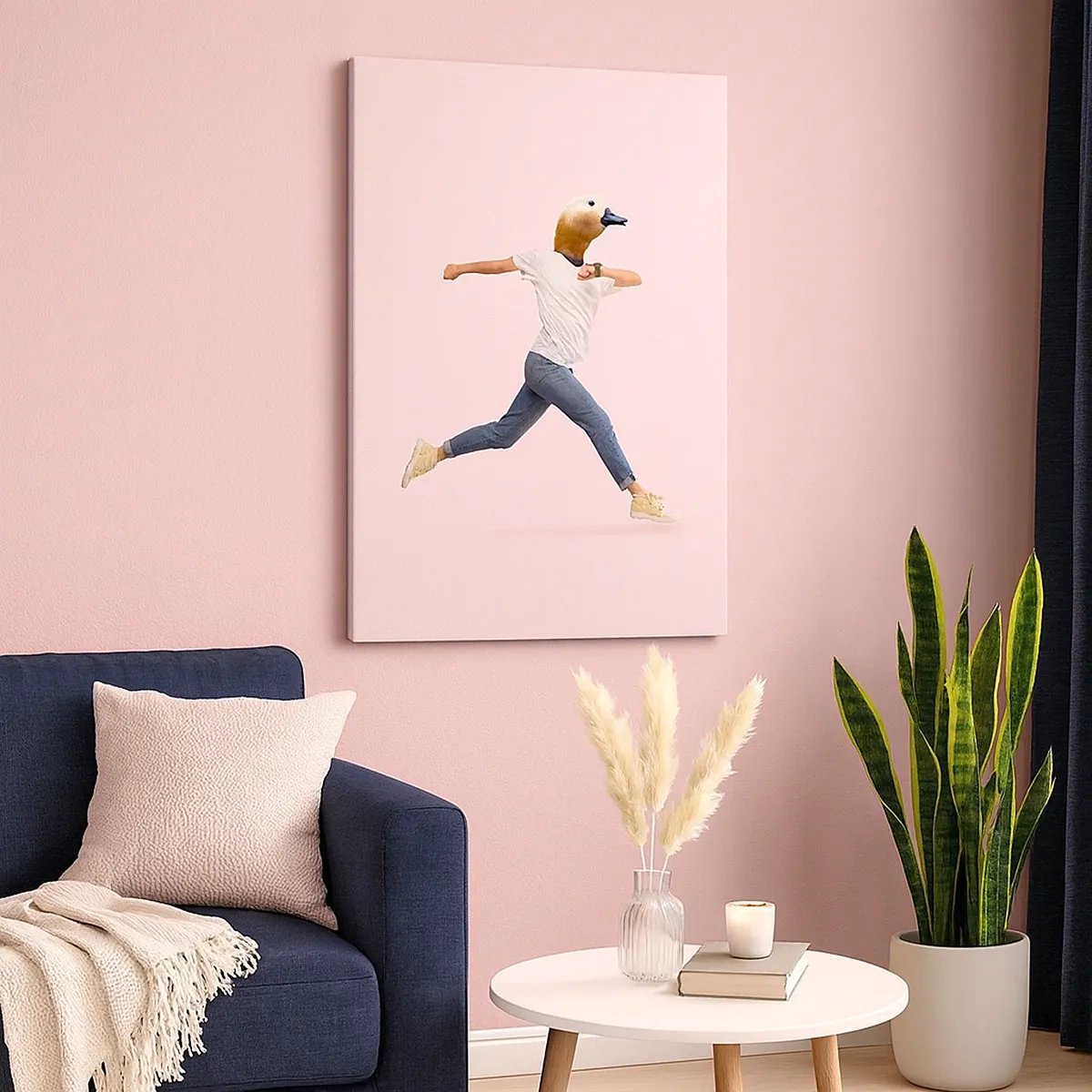 Obraz na płótnie - Postać biegnąca z głową kaczki na różowym tle - 50x70cm - Szczypta absurdu - Nowoczesna dekoracja ścienna do salonu, kuchni i sypialni ARTTOR