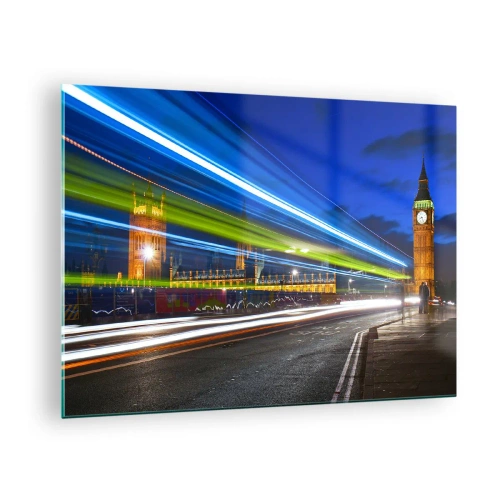Obraz na szkle - Big Ben nocą z rozmazanymi światłami aut - 70x50cm - Pod okiem Big Bena - Nowoczesna dekoracja ścienna do salonu i sypialni ARTTOR