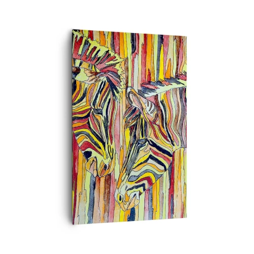 Obraz na płótnie - Kolorowe zebry na tle abstrakcyjnych pasów - 80x120cm - A więc ty też… - Nowoczesna dekoracja ścienna do salonu i sypialni ARTTOR