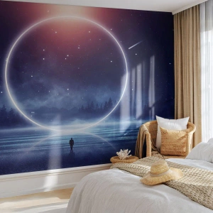 Fototapeta Premium Sand - Tajemnicza sylwetka przed świetlistym kręgiem na tle kosmosu - 100x70cm - Już tu są… - Nowoczesna dekoracja ścienna do salonu, kuchni i sypialni ARTTOR
