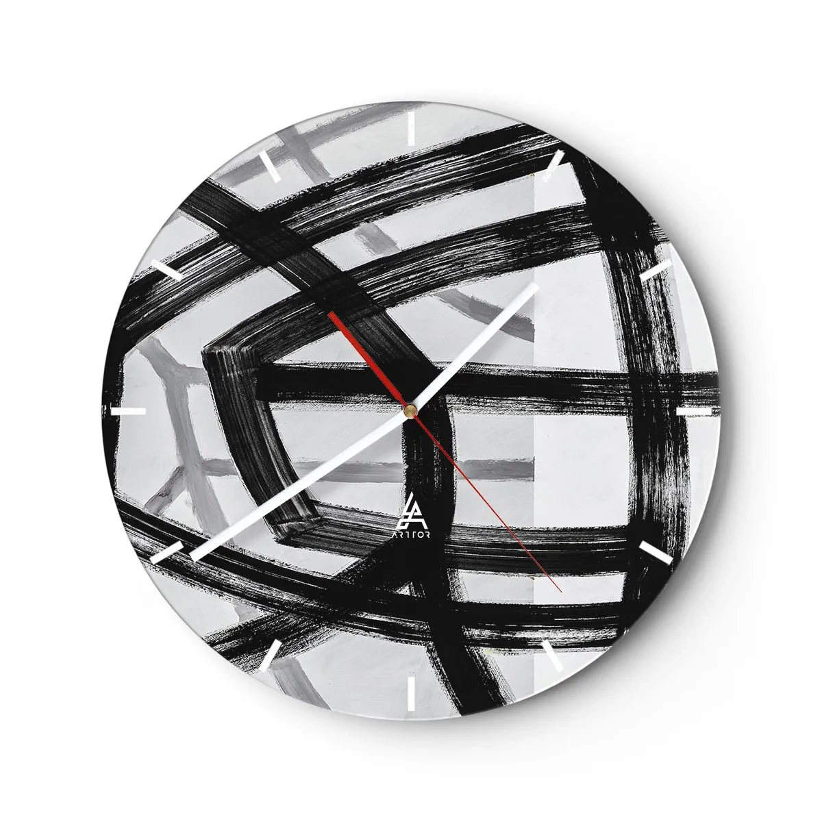 Zegar ścienny - Dynamiczne czarne pociągnięcia pędzla tworzące przestrzenne wzory - 30x30cm - Budowanie głębi - Nowoczesna dekoracja ścienna do salonu, kuchni i sypialni ARTTOR