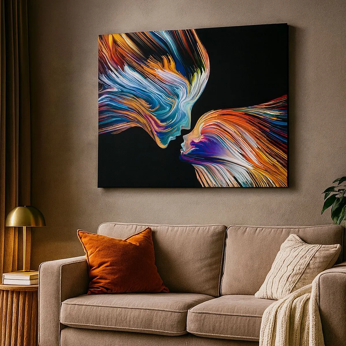 Obraz na płótnie - Kolorowe sylwetki twarzy w dynamicznych strugach na czarnym tle - 70x50cm - Fuzja energii i światła - Nowoczesna dekoracja ścienna do salonu i sypialni ARTTOR