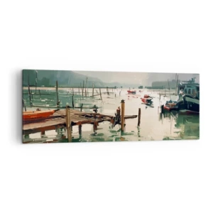 Obraz na płótnie - Malowniczy port z łodziami na spokojnej wodzie - 140x50cm - Oblane roztopionym księżycem - Nowoczesna dekoracja ścienna do salonu i sypialni ARTTOR