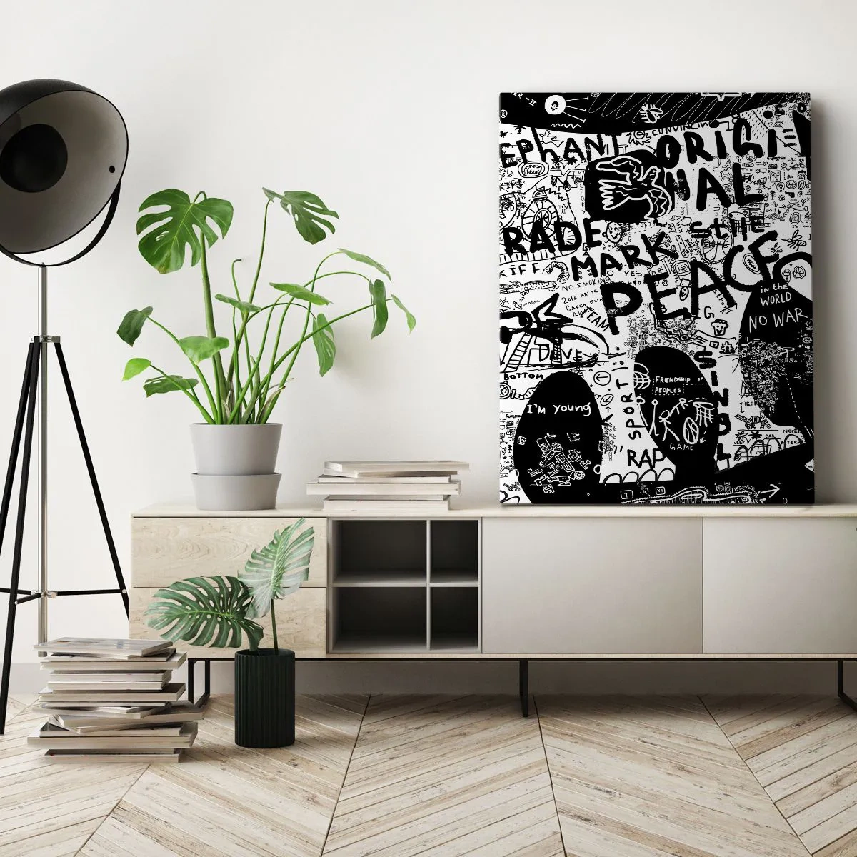 Obraz na płótnie - Czarno-biała grafika z motywami graffiti - 70x100cm - Bogaty świat ulicy - Nowoczesna dekoracja ścienna do salonu i sypialni ARTTOR