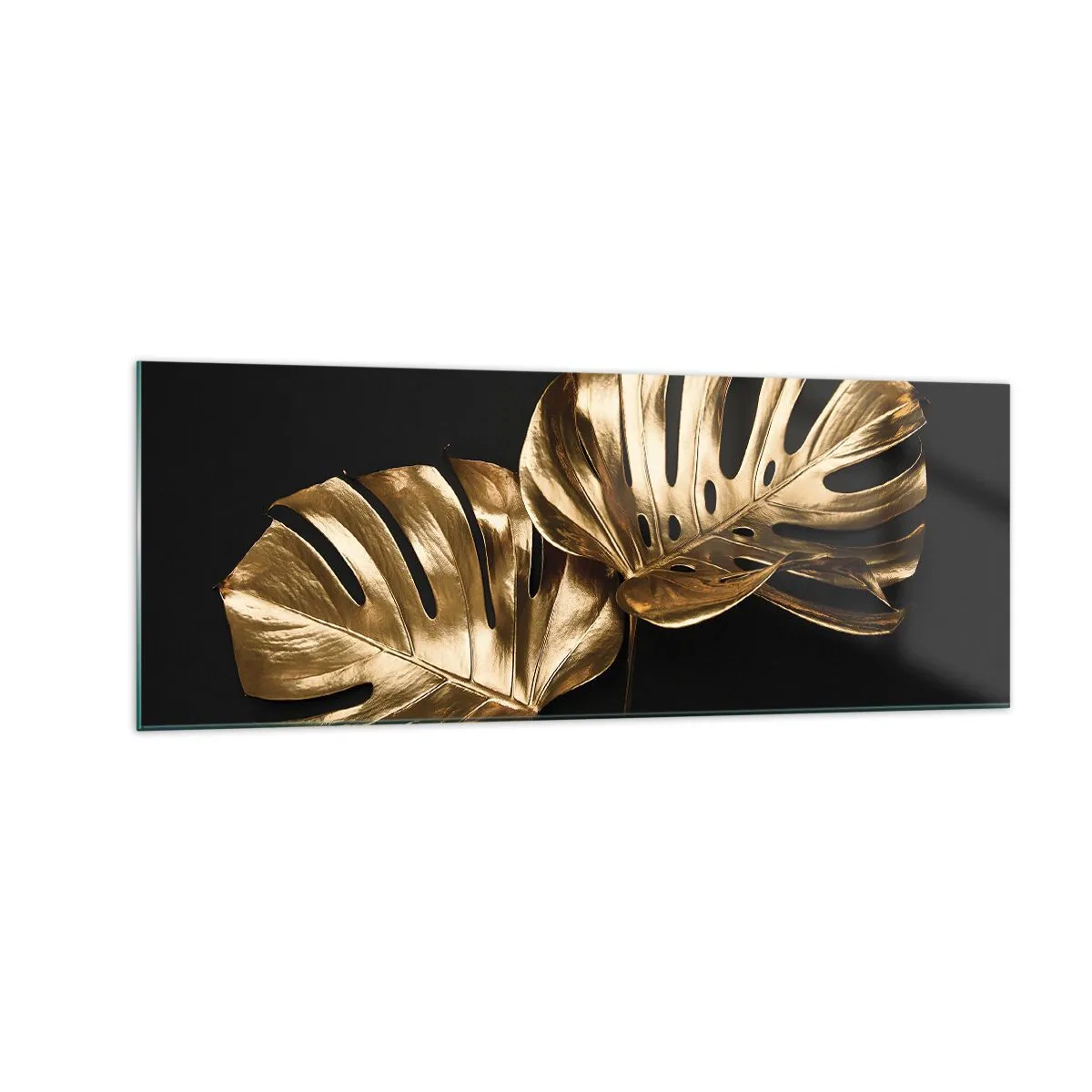 Obraz na szkle - Złote liście monstery na czarnym tle - 140x50cm - Skarby natury - Nowoczesna dekoracja ścienna do salonu i sypialni ARTTOR