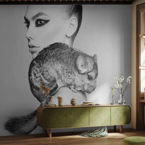 Fototapeta Premium Canvas - Dama z szynszylą - Kobieta, Kobieta Z Szynszylą, Modelka - 300x210 cm