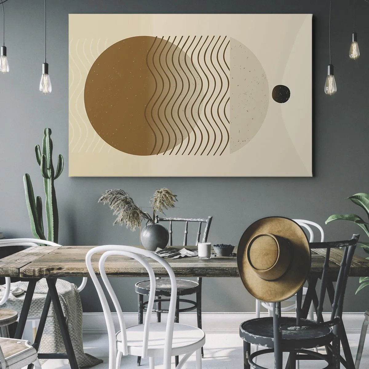 Obraz na płótnie - Geometryczna abstrakcja z kołami i falistymi liniami w ciepłych barwach - 120x80cm - O pochodzeniu figur geometrycznych - Nowoczesna dekoracja ścienna do salonu, kuchni i sypialni ARTTOR