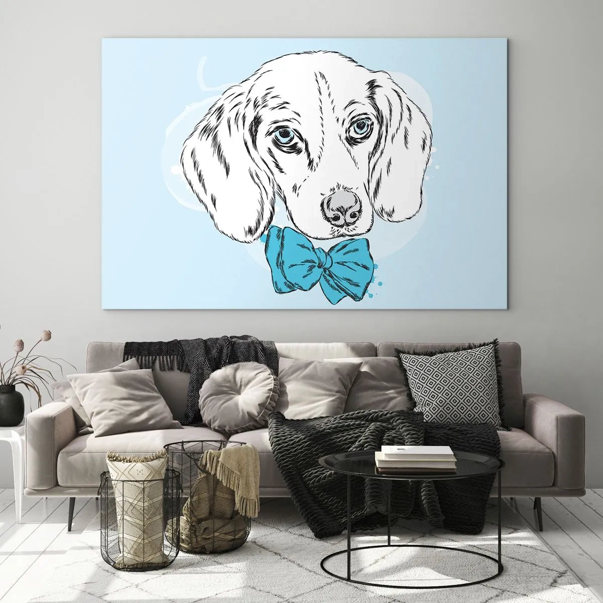 Obraz na szkle - Rysunek psa z muszką na niebieskim tle - 70x50cm - Psia elegancja - Nowoczesna dekoracja ścienna do salonu i sypialni ARTTOR