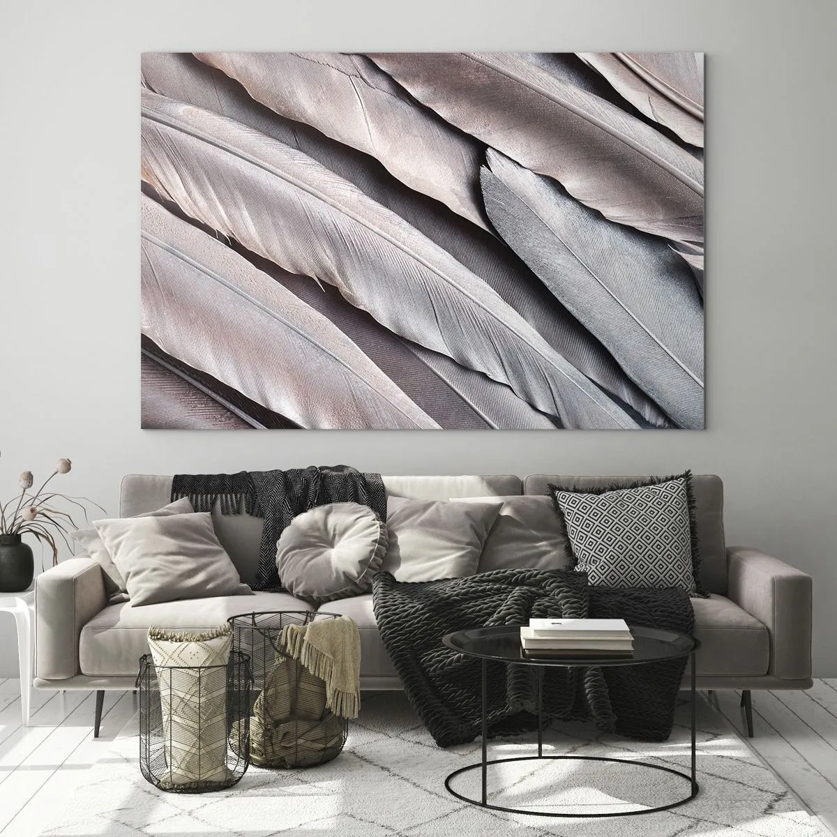 Obraz na szkle - Zbliżenie na pastelowe pióra w odcieniach różu i srebra - 120x80cm - W różowej srebrzystości - Nowoczesna dekoracja ścienna do salonu, kuchni i sypialni ARTTOR
