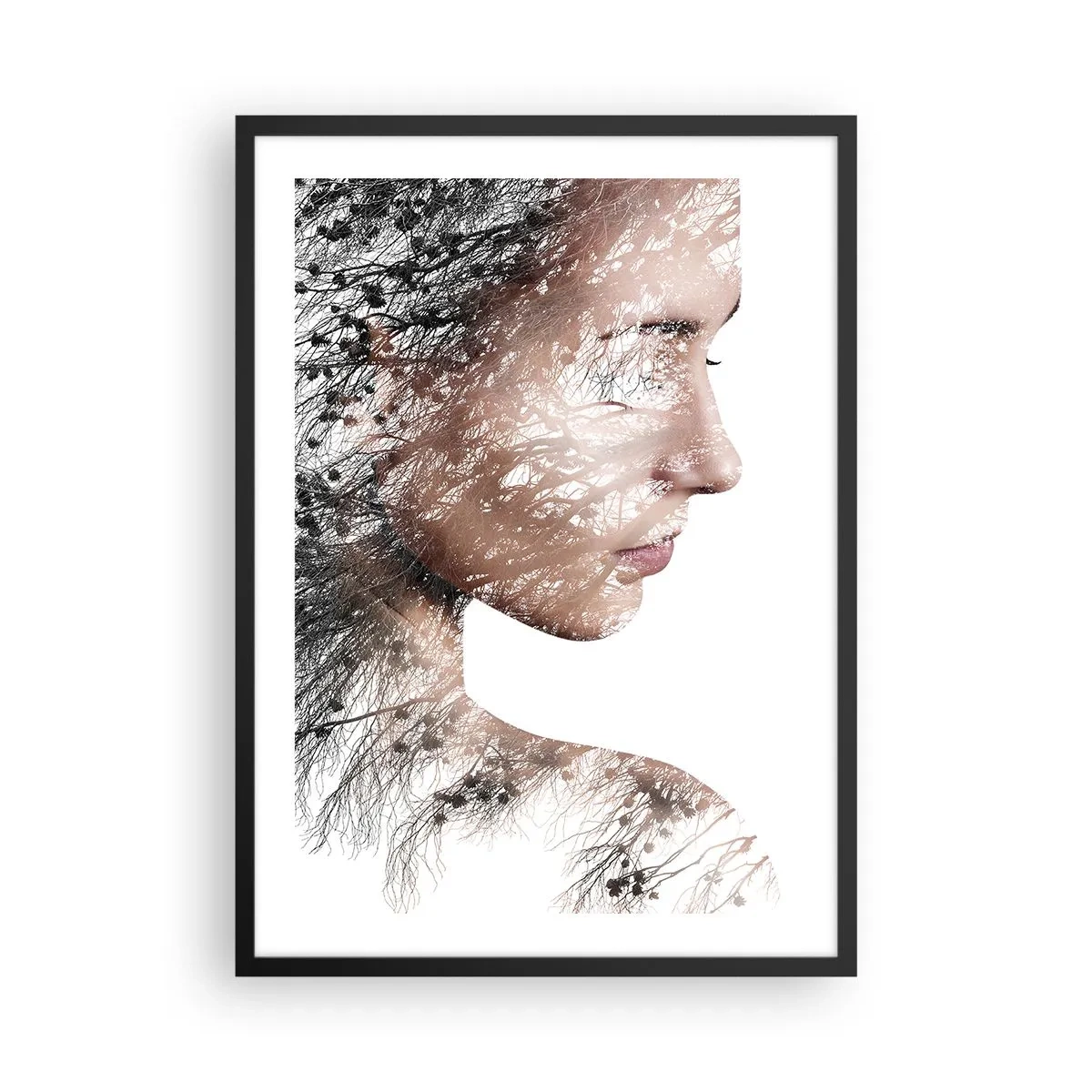 Plakat w czarnej ramie - Portret kobiety w technice podwójnej ekspozycji z motywem natury - 50x70cm - Duch lasu - Nowoczesna dekoracja ścienna do salonu i sypialni ARTTOR
