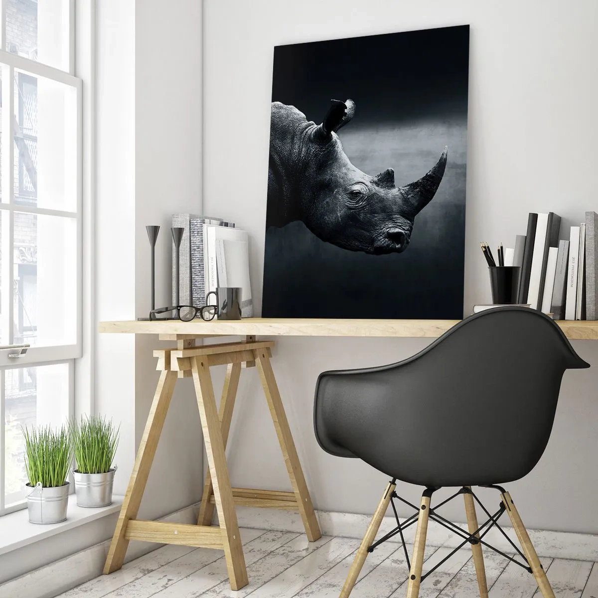 Obraz na szkle - Czarno-białe ujęcie nosorożca - 50x70cm - Prawy profil - Nowoczesna dekoracja ścienna do salonu, kuchni i sypialni ARTTOR
