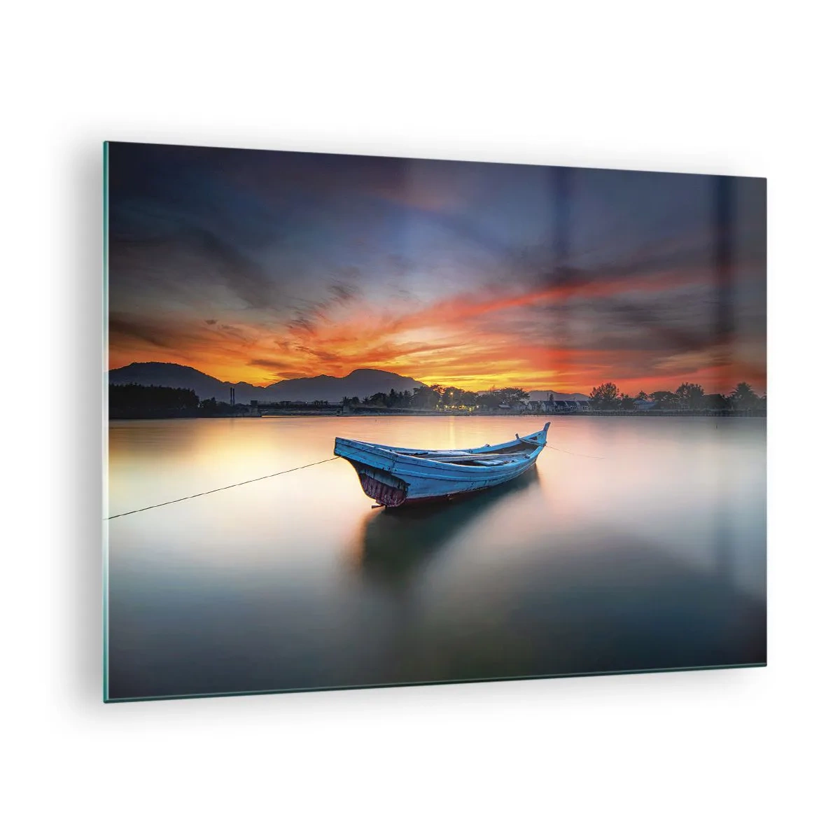 Obraz na szkle - Drewniana łódź na jeziorze o zachodzie słońca - 70x50cm - Nadchodzi dobra noc - Nowoczesna dekoracja ścienna do salonu i sypialni ARTTOR