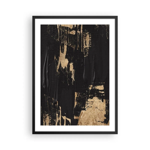 Plakat w czarnej ramie - Abstrakcyjna malarska kompozycja w czerni i złocie - 50x70cm - Ślad dotyku - Nowoczesna dekoracja ścienna do salonu i sypialni ARTTOR