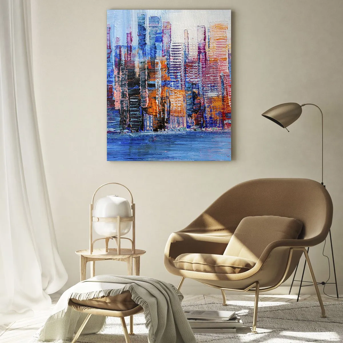 Obraz na szkle - Kolorowa panorama miasta malowana pociągnięciami pędzla - 50x70cm - Radosna metropolia - Nowoczesna dekoracja ścienna do salonu, kuchni i sypialni ARTTOR