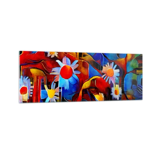 Obraz na szkle - Abstrakcyjne kwiaty na tle geometrycznych wzorów - 140x50cm - Kolory życia - Nowoczesna dekoracja ścienna do salonu i sypialni ARTTOR
