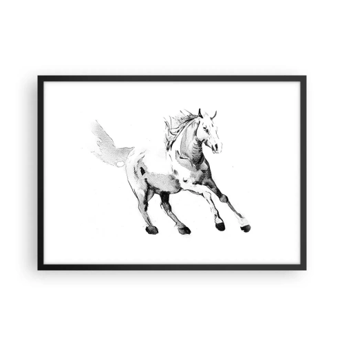 Plakat w czarnej ramie - Szkic galopującego konia w odcieniach czerni i bieli - 70x50cm - Nieujarzmiona dusza - Nowoczesna dekoracja ścienna do salonu i sypialni ARTTOR