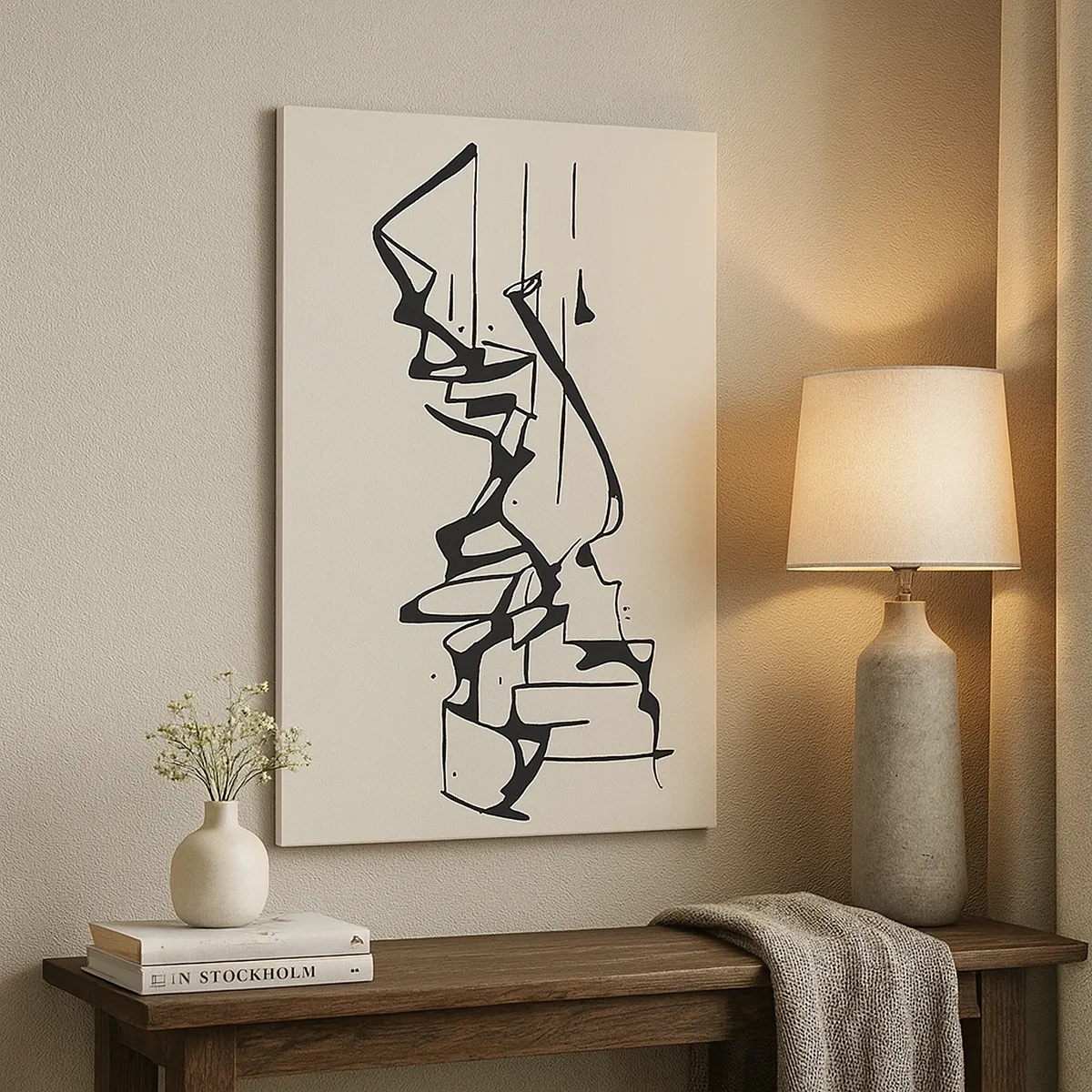 Obraz na płótnie - Minimalistyczna abstrakcyjna ilustracja czarnej linii na beżowym tle - 50x70cm - Być może pejzaż - Nowoczesna dekoracja ścienna do salonu, kuchni i sypialni ARTTOR