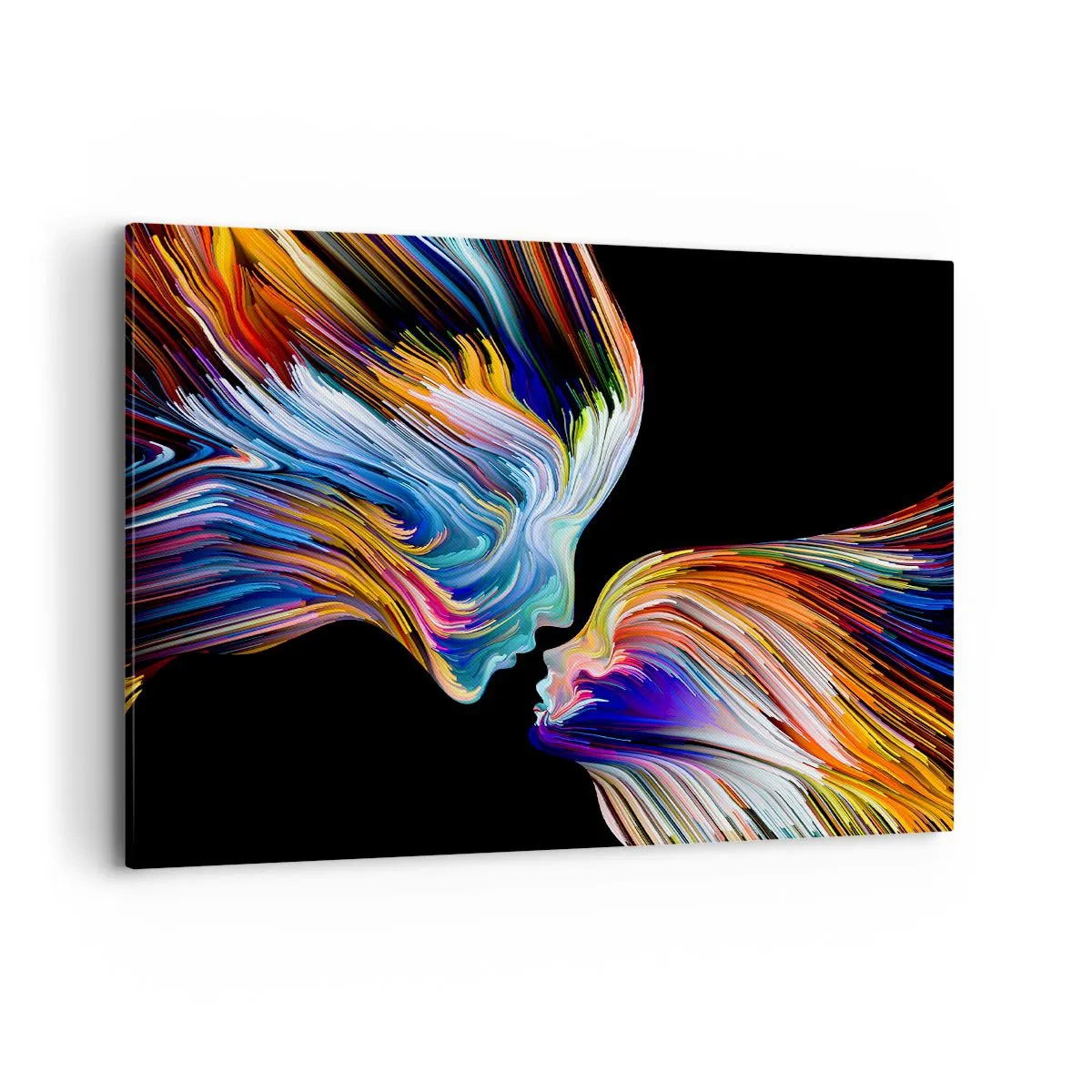 Obraz na płótnie - Kolorowe sylwetki twarzy w dynamicznych strugach na czarnym tle - 120x80cm - Fuzja energii i światła - Nowoczesna dekoracja ścienna do salonu, kuchni i sypialni ARTTOR