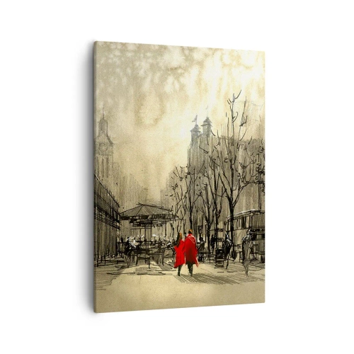 Obraz na płótnie - Szkic miejski z postaciami w czerwonych płaszczach na tle ulicy - 50x70cm - Randka w londyńskiej mgle - Nowoczesna dekoracja ścienna do salonu, kuchni i sypialni ARTTOR