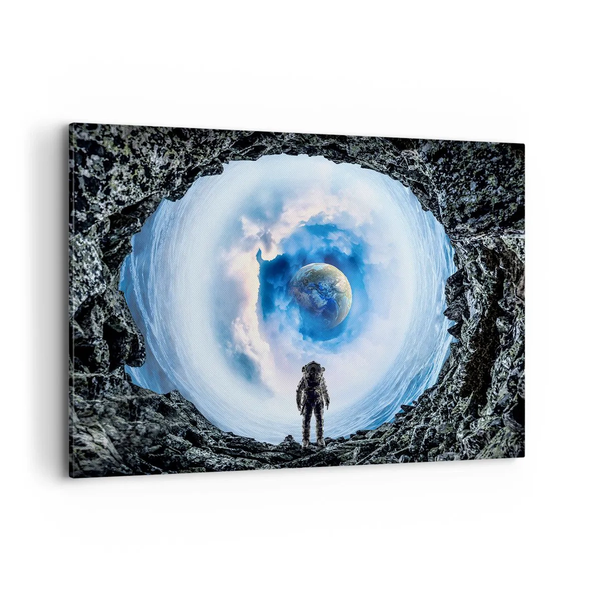 Obraz na płótnie - Astronauta na tle kosmicznego pejzażu z Ziemią - 100x70cm - Już niedaleko do domu - Nowoczesna dekoracja ścienna do salonu, kuchni i sypialni ARTTOR