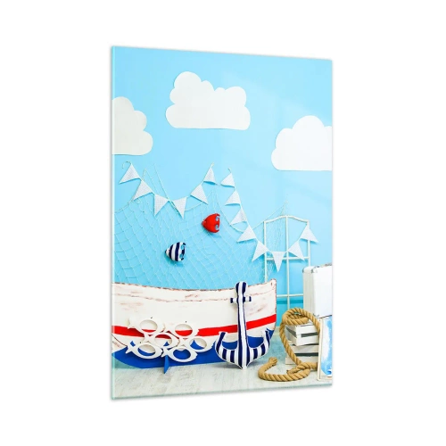 Obraz na szkle - Dekoracyjna scena morska z łódką i rekwizytami marynistycznymi - 50x70cm - Dziecięca tęsknota do przygody - Nowoczesna dekoracja ścienna do salonu, kuchni i sypialni ARTTOR
