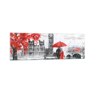 Obraz na szkle - Romantyczna scena z Big Benem i czerwoną parasolką - 160x50cm - Zakochani w Londynie - Nowoczesna dekoracja ścienna do salonu i sypialni ARTTOR