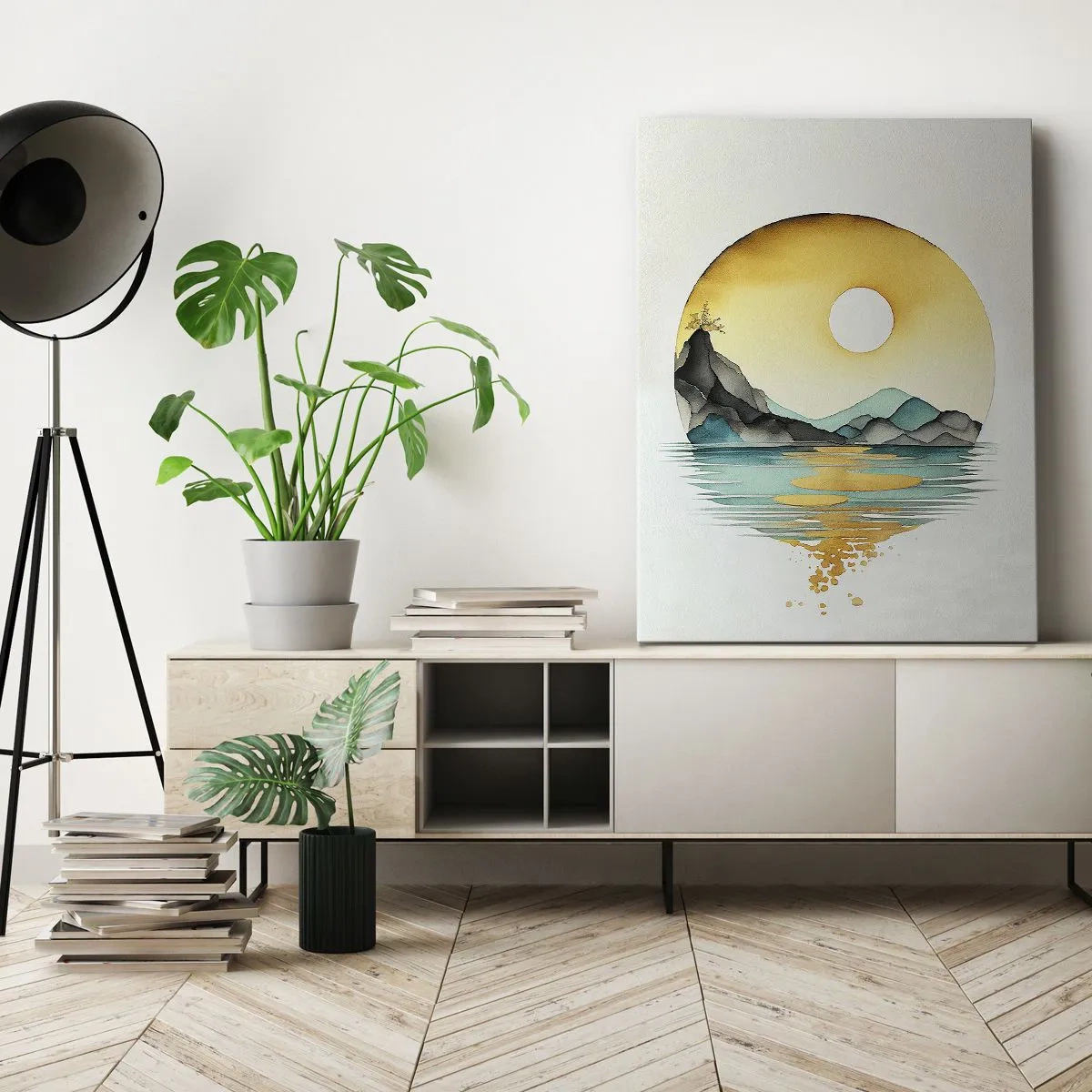 Obraz na płótnie - Akwarelowy pejzaż gór i jeziora w złotej poświacie zachodzącego słońca - 50x70cm - W kręgu piękna - Nowoczesna dekoracja ścienna do salonu, kuchni i sypialni ARTTOR