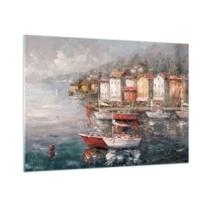 Obraz na szkle - Malowniczy port z żaglówkami i kolorowymi domkami - 100x70cm - Romantyczna przystań - Nowoczesna dekoracja ścienna do salonu, kuchni i sypialni ARTTOR