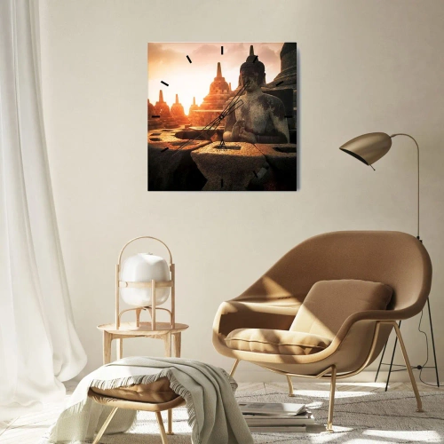 Zegar ścienny - Posąg Buddy w świątyni Borobudur o zachodzie słońca - 30x30cm - Pogoda wielkiej mądrości - Nowoczesna dekoracja ścienna do salonu i sypialni ARTTOR