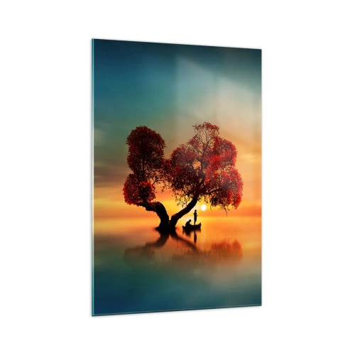 Obraz na szkle - Drzewo o czerwonych liściach i łódź na wodzie o zachodzie słońca - 70x100cm - Oddaleńcy i ciszyzna bezświata - Nowoczesna dekoracja ścienna do salonu i sypialni ARTTOR