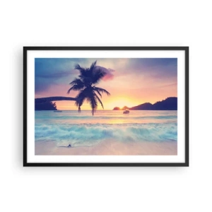Plakat w czarnej ramie - Plaża z palmą i zachodem słońca nad oceanem - 70x50cm - Wieczór w zatoce - Nowoczesna dekoracja ścienna do salonu i sypialni ARTTOR