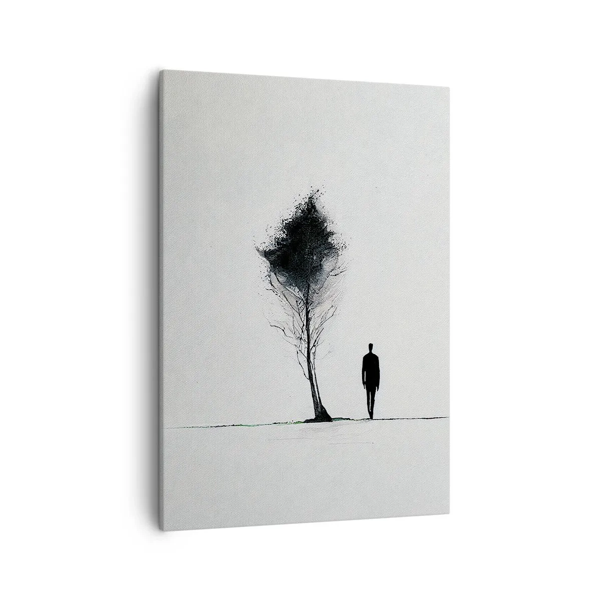 Obraz na płótnie - Minimalistyczna sylwetka człowieka obok drzewa na białym tle - 50x70cm - Wszyscy wędrujemy - Nowoczesna dekoracja ścienna do salonu, kuchni i sypialni ARTTOR