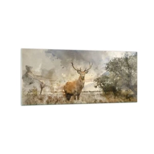 Obraz na szkle - Jeleń w naturalnym otoczeniu w akwarelowym stylu - 120x50cm - Godność - siła - dostojeństwo - Nowoczesna dekoracja ścienna do salonu i sypialni ARTTOR