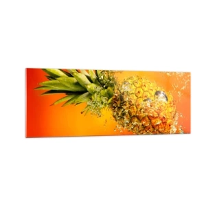 Obraz na szkle - Ananas zanurzony w wodzie na tle pomarańczowego gradientu - 140x50cm - Tropikalna soczysta świeżość - Nowoczesna dekoracja ścienna do salonu i sypialni ARTTOR