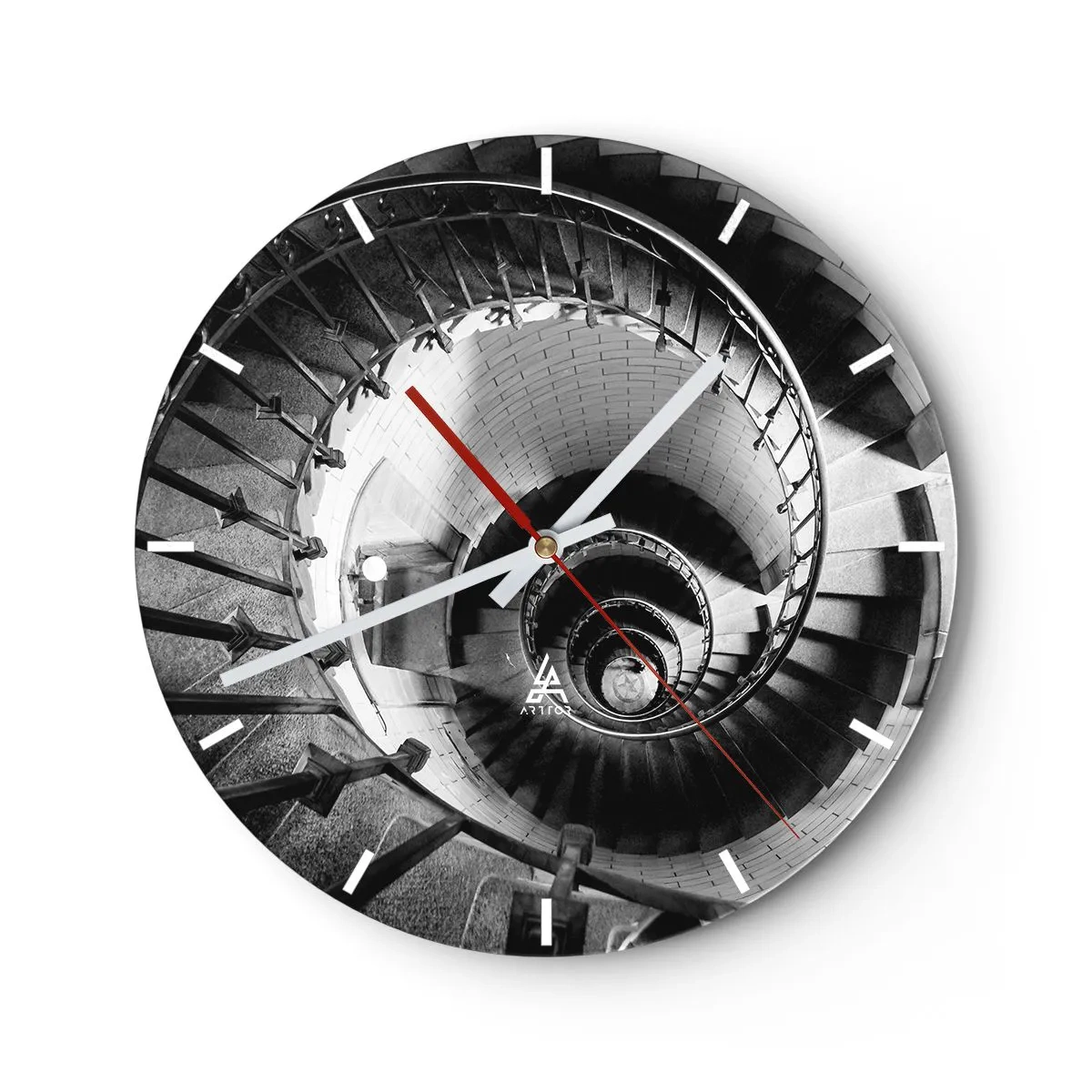 Zegar ścienny - Czarno-białe spiralne schody widziane z góry - 30x30cm - Wyżej i wyżej - Nowoczesna dekoracja ścienna do salonu, kuchni i sypialni ARTTOR