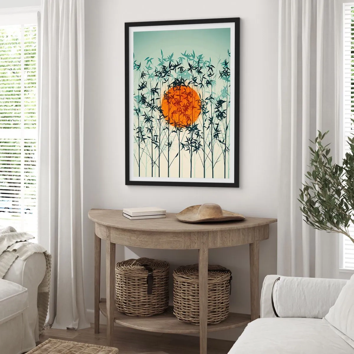 Plakat w czarnej ramie - Słońce za bambusowymi gałęziami - 50x70cm - Japońskie słońce - Nowoczesna dekoracja ścienna do salonu i sypialni ARTTOR